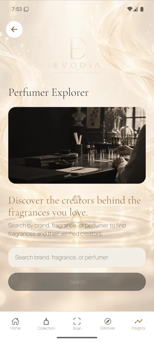 Explorador de perfumistas con imagen de un taller y búsqueda