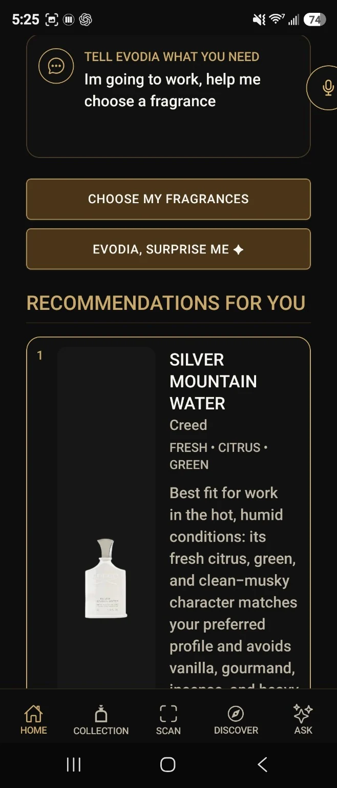 Evodia daily fragrance recommendation app screen