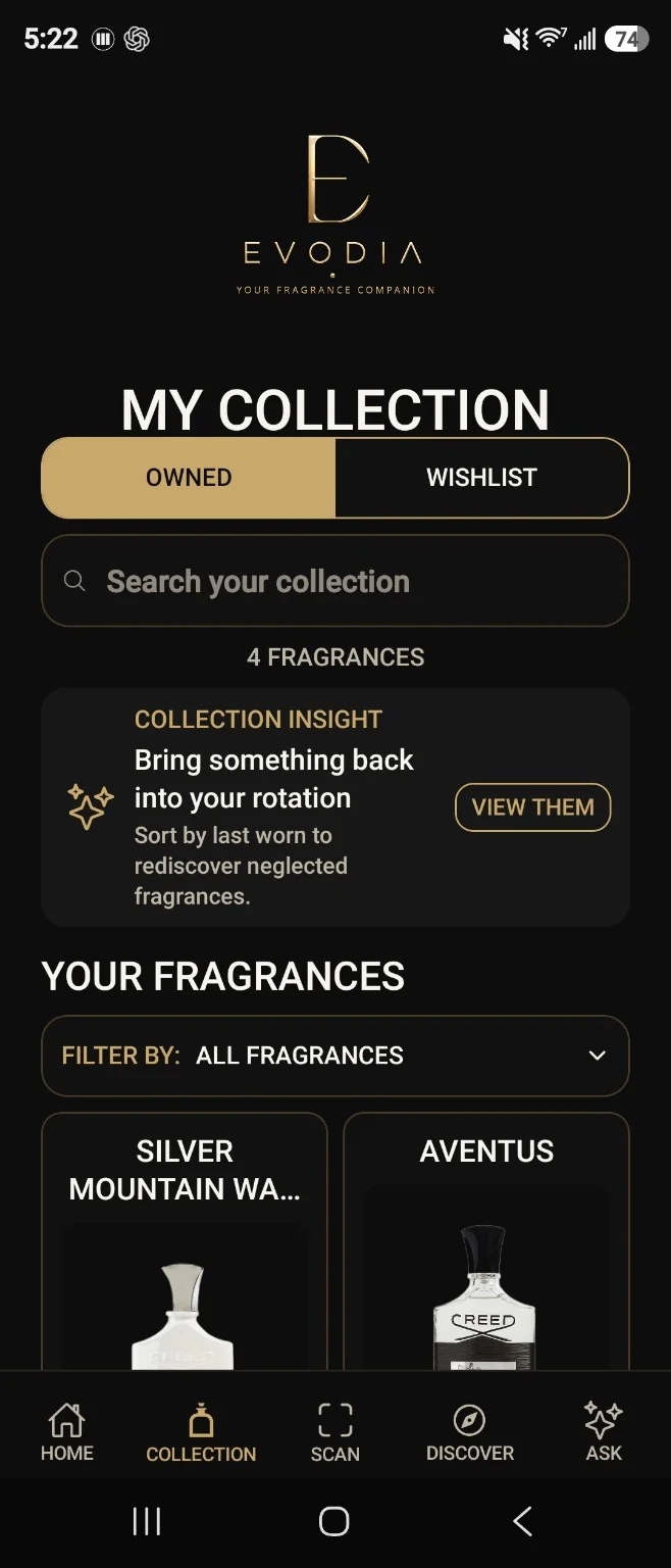 Evodia My Collection app screen
